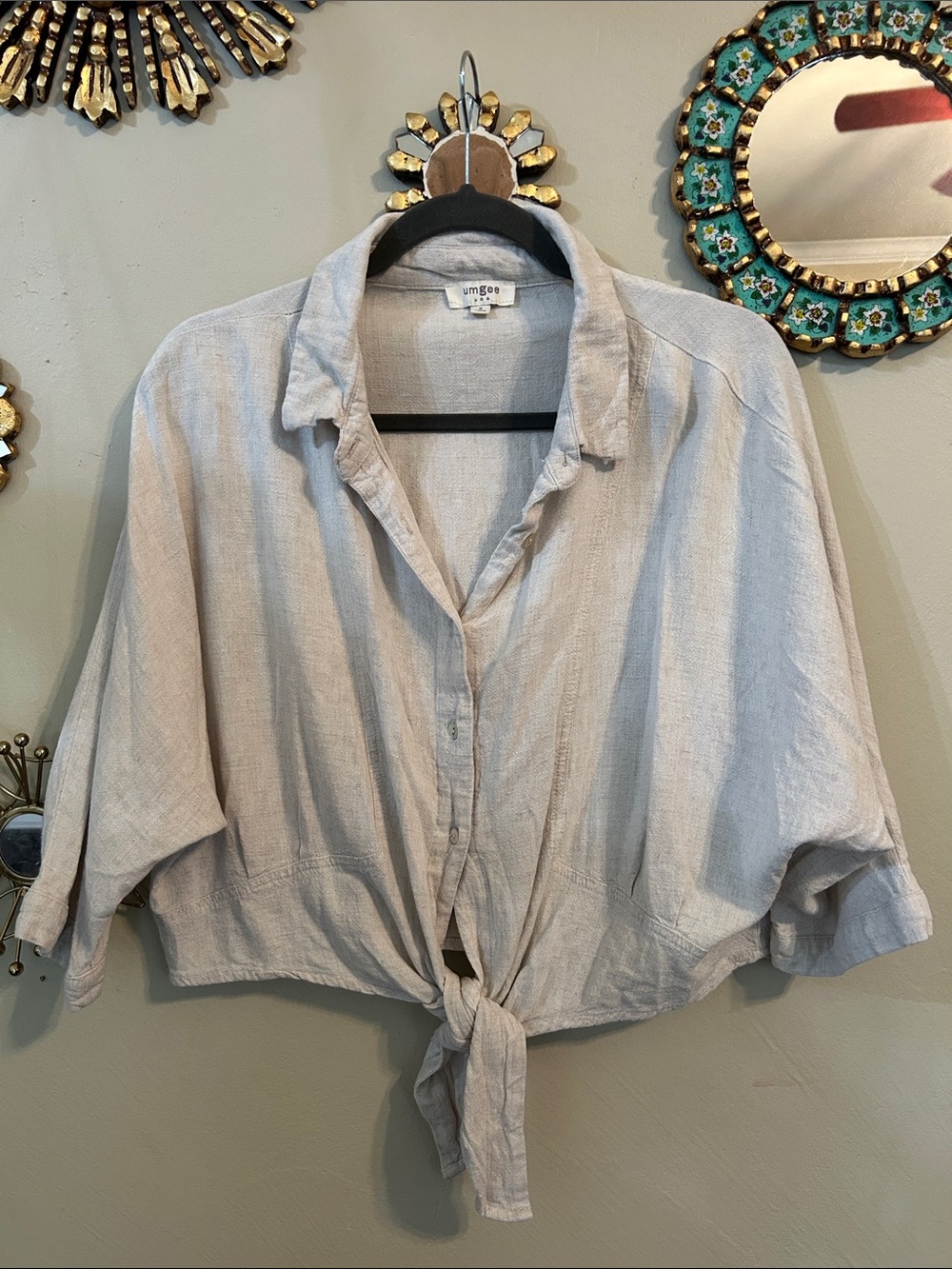 Umgee Natural Beige Boho Tie-Front Button Down Dolman Blouse Small